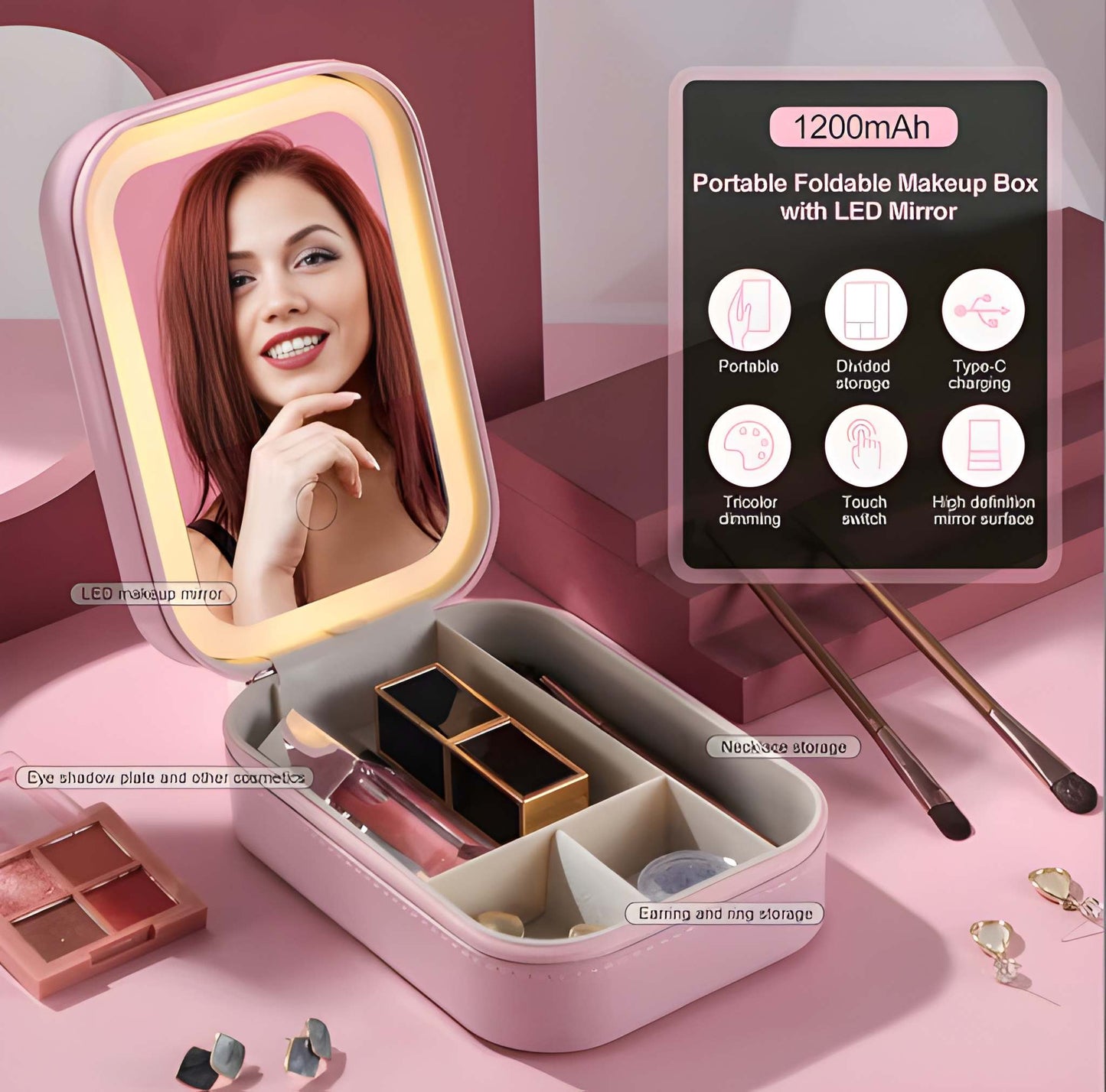 Portable LED Makeup Mirror, Jewelry Box